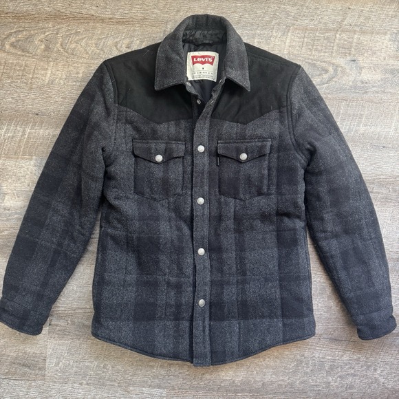 Levis Western Wool Blend Faux Suede Shirt Jacket Black Gray Plaid Size Medium